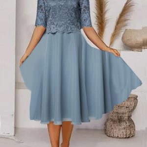 Women Plain Crew Neck Half Sleeve Comfy Casual Lace Short Dress, Dresses, color:Blue|size:XXL, Noracora