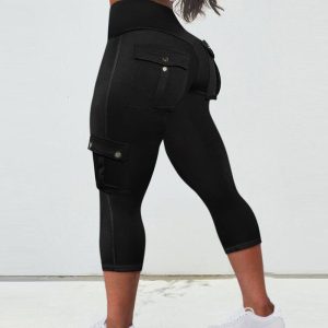 Pocket Design High Waist Capris Sports Leggings, Active Pants, chicme - Women's Fashion Online