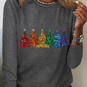 Christmas Tree Crew Neck Long Sleeve Regular Micro-Elasticity Regular Fit Shirt For Women, Blouses, color:Gray|size:3XL, Noracora