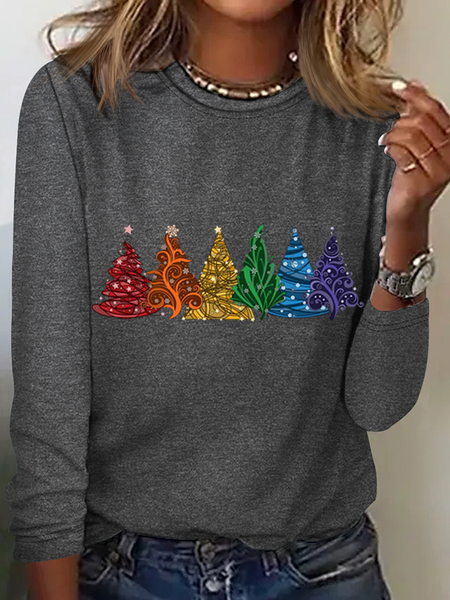 JFN Women's Christmas Tree Cotton-Blend Crew Neck Casual Long Sleeve Blouse, JustFashionNow T-Shirts, color:Gray|size:3XL,