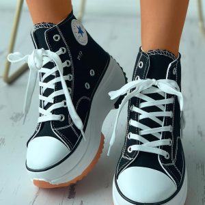 Eyelet Lace-up Flatform Canvas Sneaker, Sneakers, chicme - Women's Fashion Online