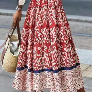 Boho Ethnic H-Line Natural Flouncing Maxi Skirt, Skirts, color:Red|size:XL, Noracora