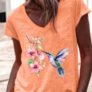 Women's Hummingbird Watercolor Nature Bird Lover V Neck Casual Regular Fit T-Shirt, T-shirts, Lilicloth.com