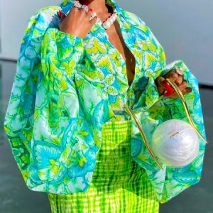 Floral Urban Shirt Collar Long Sleeve Blouse, Blouses and Shirts, color:Green|size:XXL, Stylewe