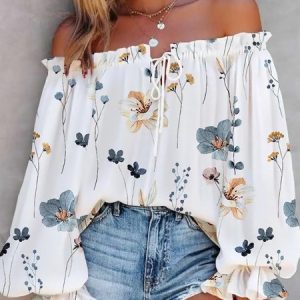 Cold Shoulder Long Sleeve Floral Regular Loose Shirt For Women, Blouses, color:White|size:XXL, Noracora