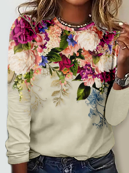 Women's Casual Floral Regular Fit Crew Neck Shirt, Long sleeves, Lilicloth.com