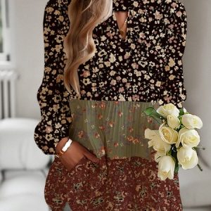 Stand Collar Long Sleeve Small Floral Regular Loose Shirt For Women, Blouses, color:Black|size:XXL, Noracora