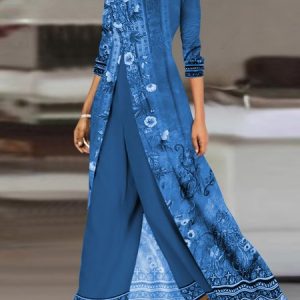 Women Floral Crew Neck Long Sleeve Comfy Casual Top With Pants Two-Piece Set, Sets, color:Blue|size:XXL, Noracora