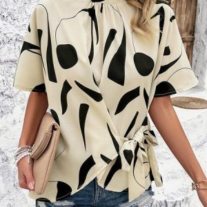 Half Turtleneck Short Sleeve Geometric Regular Loose Shirt For Women, Blouses, color:Apricot|size:XL, Noracora