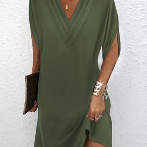 Half Sleeve V-Neck Ruched Casual Dress, Casual Dresses, chicme - Women's Fashion Online