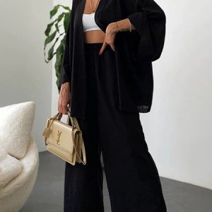 Women Plain Long Sleeve Comfy Casual Top With Pants Two-Piece Set, Sets, color:Black|size:XXL, Noracora