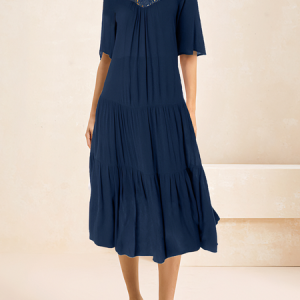 Women Solid Smocked Ruffle Pleated Comfy Casual Midi Dress, Midi, color:Blue|size:XXL, catalog Noracora shop