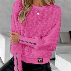 Floral Pattern Fuzzy Zipper Design Top, T-shirt & Tees, chicme - Women's Fashion Online