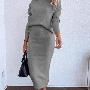 Mock Neck Sweatshirt & High Waist Skirt Set, Two-piece Sets, chicme - Women's Fashion Online