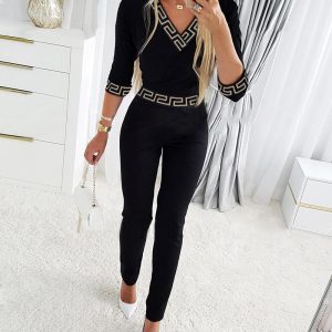 Geo Trim V-Neck Long Sleeve Jumpsuit, Jumpsuits, chicme - Women's Fashion Online