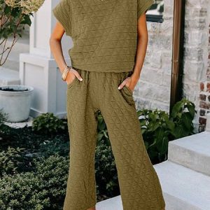 Women Plain Crew Neck Short Sleeve Comfy Casual Top With Pants Two-Piece Set, Sets, color:Khaki|size:3XL, Noracora