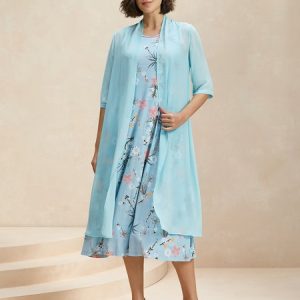 Women Floral Crew Neck Long Sleeve Comfy Casual Coat With Skirt Two-Piece Set, Sets, color:Light Blue|size:XXL, Noracora