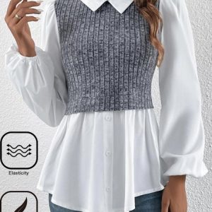 Shirt Collar Long Sleeve Color Block Regular Micro-Elasticity Loose Shirt For Women, Blouses, color:Gray|size:XXL, Noracora
