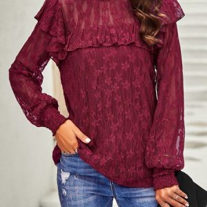 Stand Collar Long Sleeve Plain Lace Regular Loose Shirt For Women, Blouses, color:Wine Red|size:XL, Noracora