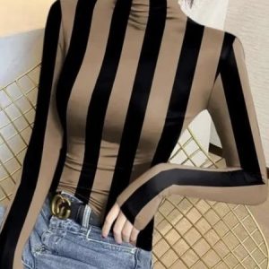 Turtleneck Urban Tight Long Sleeve Striped T-Shirt, Tees, color:As Picture|size:XXL, Stylewe
