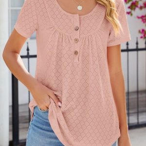 Crew Neck Short Sleeve Plain Buckle Regular Micro-Elasticity Loose Shirt For Women, Blouses, color:Pink|size:XXL, Noracora