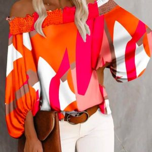 Vacation Colorblock Boat Neck Loose Long Sleeve Top, Blouses and Shirts, color:Multicolor|size:S, Stylewe