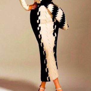 Urban Tight Color Block Midi Skirt, Skirts, color:Black-white|size:XXL, Stylewe