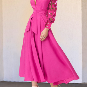 Plain Shirt Collar Long Sleeve Regular Fit Elegant Maxi Dress With Belt Shirt Dress, Maxi Dresses, color:Rose Red|size:XXL, Stylewe