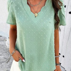 V Neck Short Sleeve Plain Regular Loose Shirt For Women, Blouses, color:Green|size:XL, Noracora