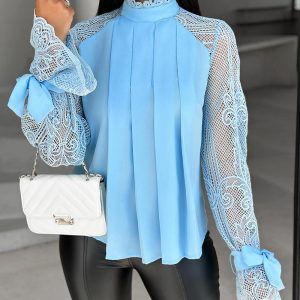 Contrast Lace Tied Detail Ruched Top, Blouses & Shirts, chicme - Women's Fashion Online