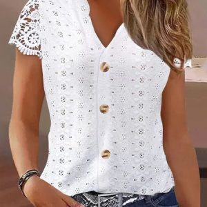 Short Sleeve Plain Lace Regular Loose Blouse For Women, Blouses, color:White|size:XXL, Noracora