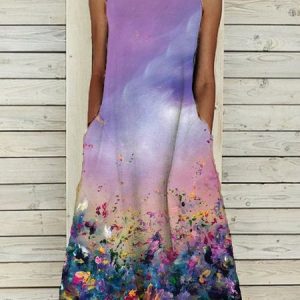 Floral Elegant Sleeveless A-Line Cotton-Blend Dress, Midi, color:Purple|size:3XL, Noracora