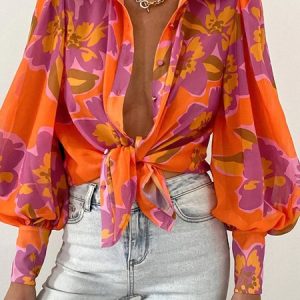 Chiffon Floral Vacation Long Sleeve Blouse, Blouses and Shirts, color:Orange|size:XXL, Stylewe
