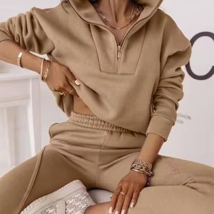 Stand Collar Zipper Design Top & Piping Pants Set, Two-piece Sets, chicme - Women's Fashion Online