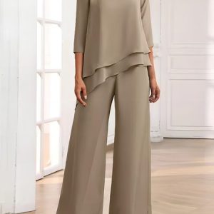 Women Plain Crew Neck Three Quarter Sleeve Comfy Casual Top With Pants Two-Piece Set, Sets, color:Khaki|size:5XL, Noracora
