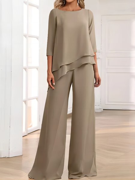 Women's Plain Daily Going Out Two Piece Set Three Quarter Sleeve Casual Spring/Fall Top With Pants Matching Set, JustFashionNow Suit Set, color:Khaki|size:5XL,