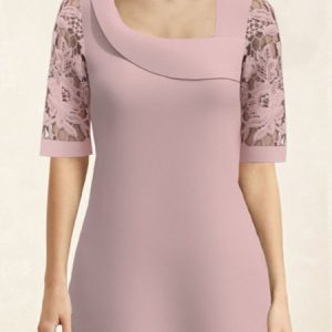 Women Blouse Short Sleeve Plain Lace Regular Micro-Elasticity Loose Shirt, Blouses, color:Pink|size:XXL, Noracora