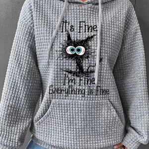 Women‘s Funny I Am Fine Black Cat Casual Loose Text Letters Hoodie, Hoodies&Sweatshirts, Lilicloth.com