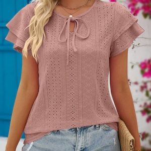Crew Neck Short Sleeve Plain Regular Micro-Elasticity Loose Shirt For Women, Blouses, color:Cameo|size:XXL, Noracora