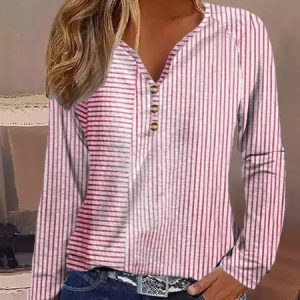 Casual Striped V Neck Long Sleeve T-shirt, T-shirts, color:Pink|size:XXL, Noracora