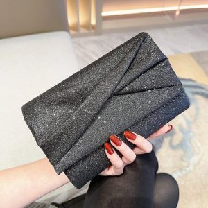 Elegant Knot Front Glitter Clutch Bag Crossbody Chain Bag, Bags, color:Black|size:One-size, Stylewe