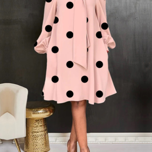 Polka Dots Elegant Loose Long Sleeve Stand Collar Midi Dress, Midi Dresses, color:Pink|size:XXL, Stylewe