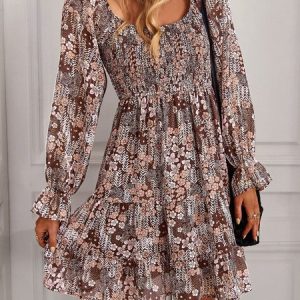 Women Small Floral Crew Neck Long Sleeve Comfy Casual Short Dress, Dresses, color:Brown|size:XL, Noracora