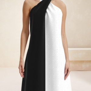 Women Color Block Halter Sleeveless Comfy Casual Short Dress, Midi, color:Black-white|size:XXL, catalog Noracora shop