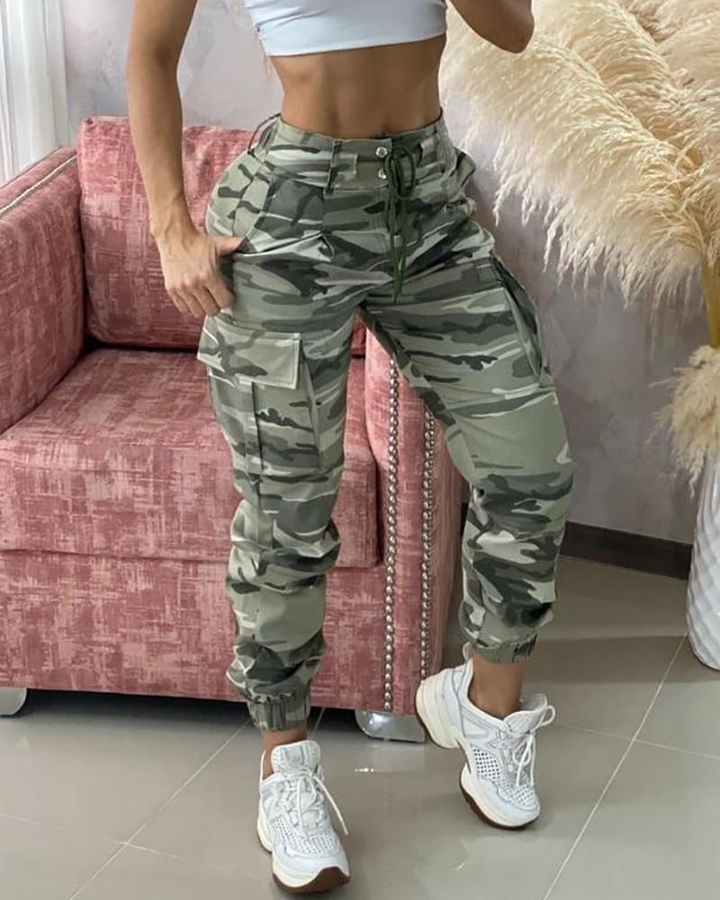 Camouflage Print Drawstring Pocket Design Cargo Pants, Pants, chicme - Women's Fashion Online