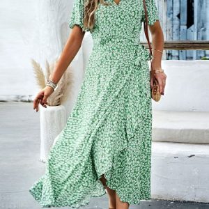 Women Small Floral V Neck Short Sleeve Comfy Casual Maxi Dress, Dresses, color:Green|size:XL, Noracora