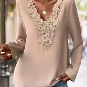 Lace Collar Long Sleeve Plain Split Joint Regular Micro-Elasticity Loose TUNIC Shirt For Women, Blouses, color:Khaki|size:XXL, Noracora