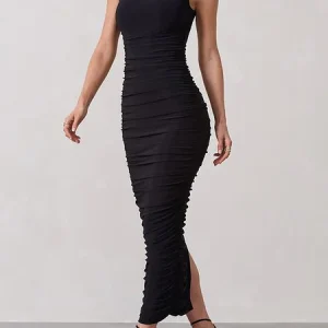 Tight High Elasticity Elegant Stand Collar Sleeveless Plain Tight Maxi Dress, Maxi Dresses, color:Black|size:XXL, Stylewe