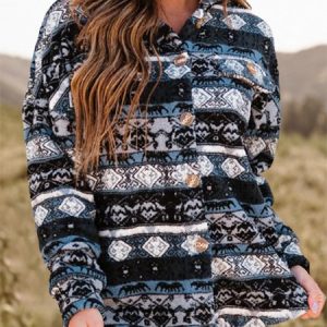 Shawl Collar Long Sleeve Ethnic Buckle Fleece Loose Teddy Jacket For Women, Coats, color:Black-blue|size:XXL, Noracora