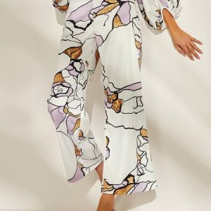 Elegant Floral Loose Fashion Long Pants Straight pants, Pants, color:White|size:XXL, Stylewe